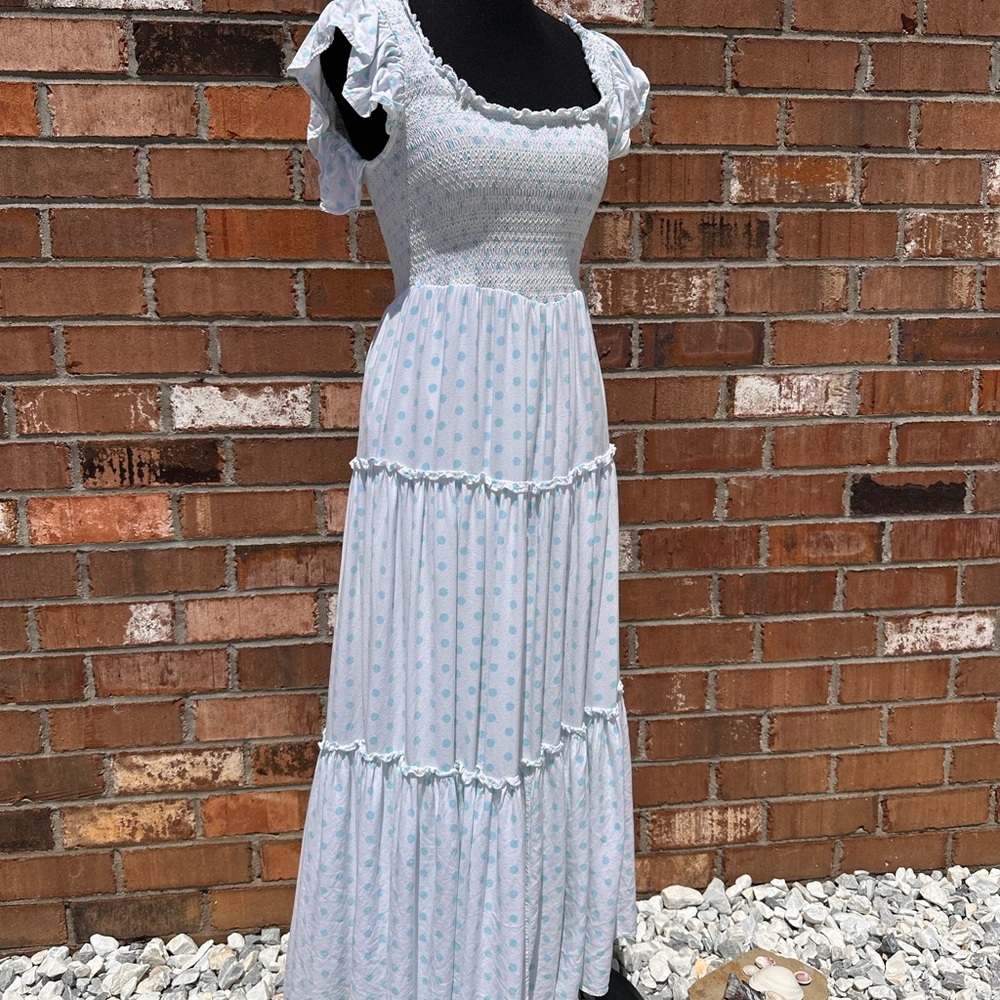 Araminta James. Smocked Light Blue Polka Dot Maxi Dress with Ruffle Sleeves